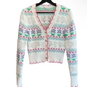Zara White Knit Cardigan with Pastel Floral Fair Isle